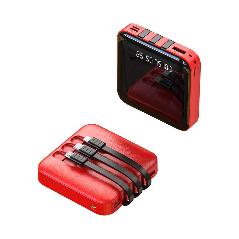 Black and red portable power bank with built-in charging cable, showing compact size.