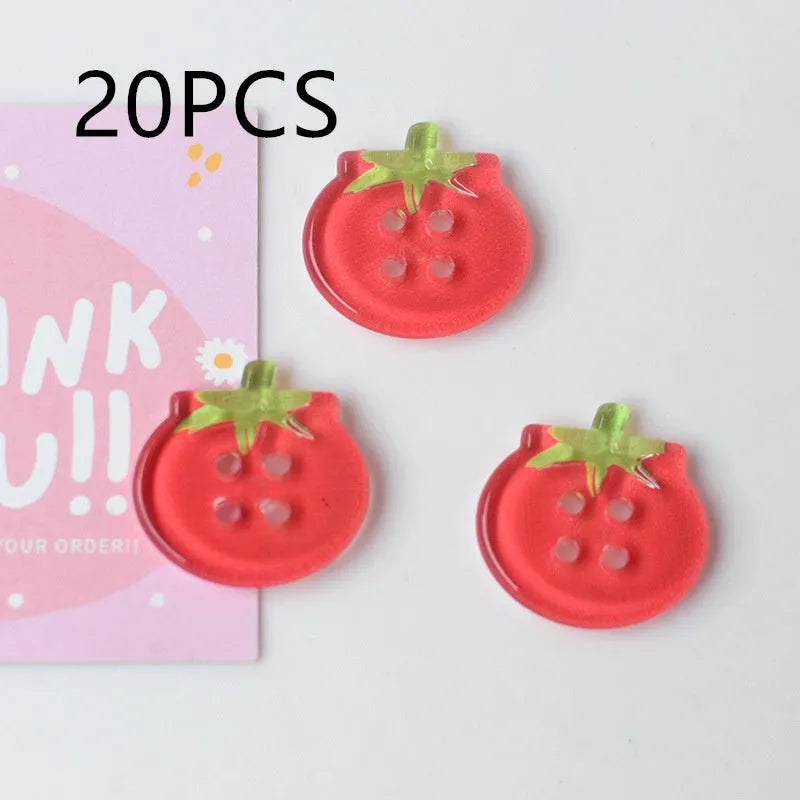 Plastic tomato button ornaments in cherry tomato printing, red plaid, solid red, and mixed colour designs