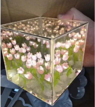 Rubik's Cube Tulip Small Night Lamp 12x12cm with 20 tulip flowers and three colour USB light in blue