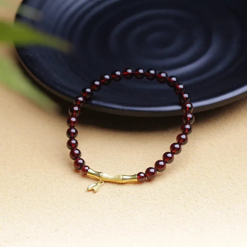 Natural garnet bamboo joint bracelet with 6mm gemstone in copper or silver finish