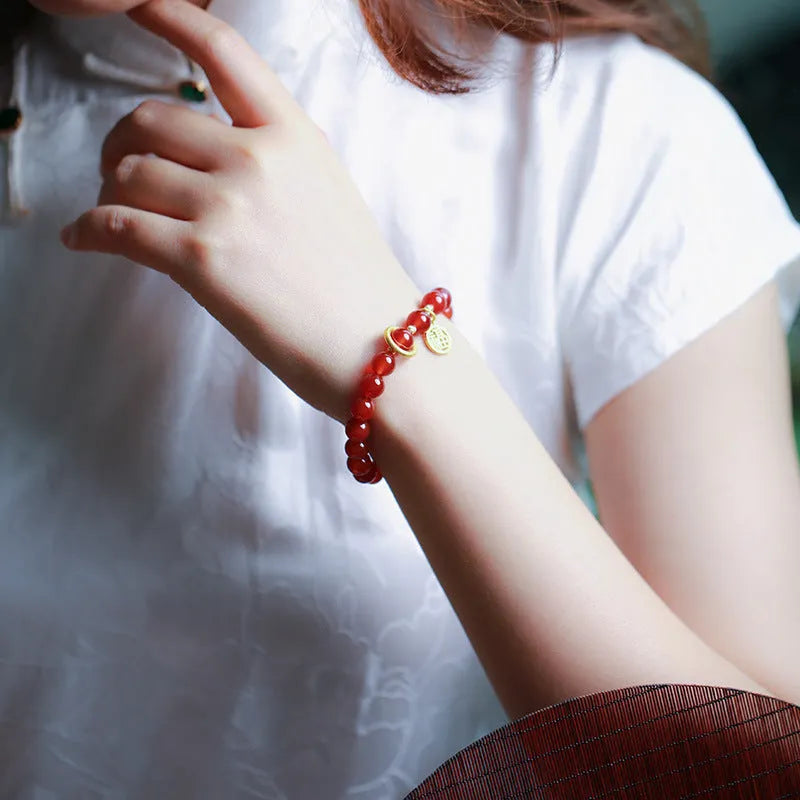 Natural red agate woven bracelet with blessing card in 8mm and 10mm size options