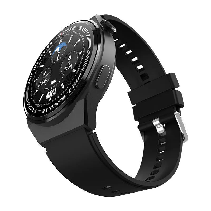 Circular black smartwatch with silicone strap on a wrist, showing a home screen with NFC, call, and health icons.