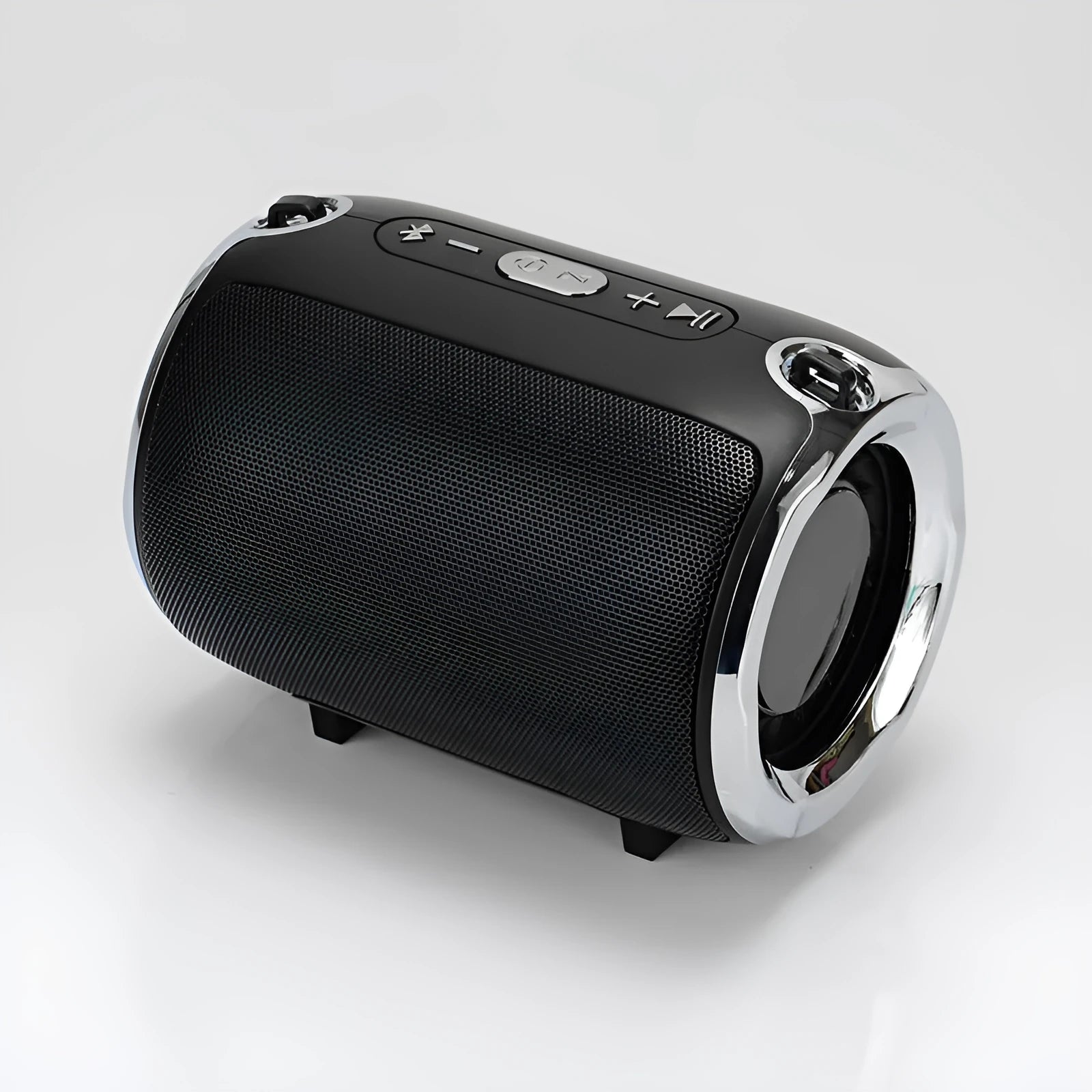 Portable metal subwoofer with 2.1 channel audio, battery power, Bluetooth, USB and FM inputs in black blue golden red silver colours