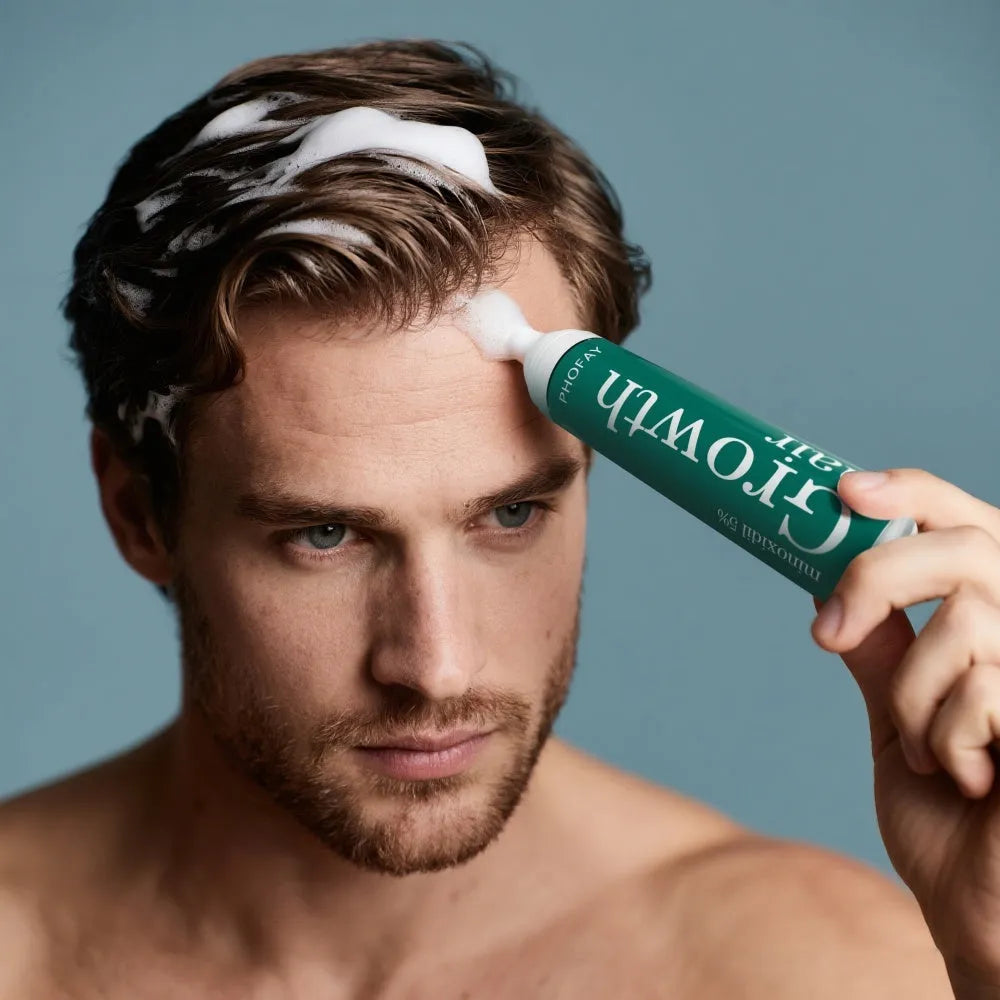 CH004 5% minoxidil anti-hair loss mousse 60ml canister with pump applicator on white background.