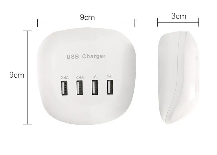 White dual USB wall charger with EU plug style next to smartphone and tablet