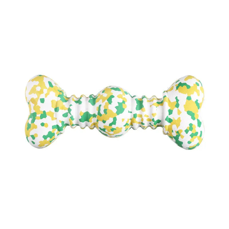 Dog chew toy made of natural rubber and bamboo fibre with unique camouflage pattern, available in S and L sizes.