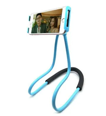White universal neck phone holder with 360-degree rotating clamp on a table