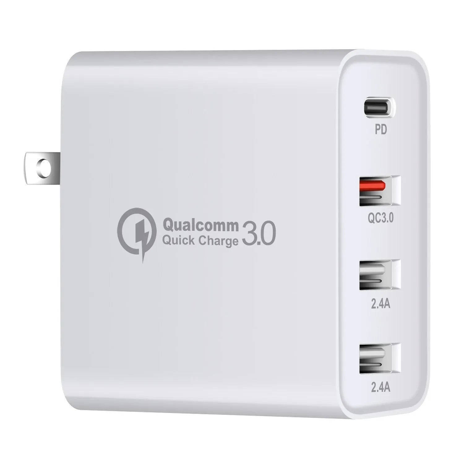 Black and white four-port USB-C wall charger with interchangeable UK, US, EU, and AU plug heads.