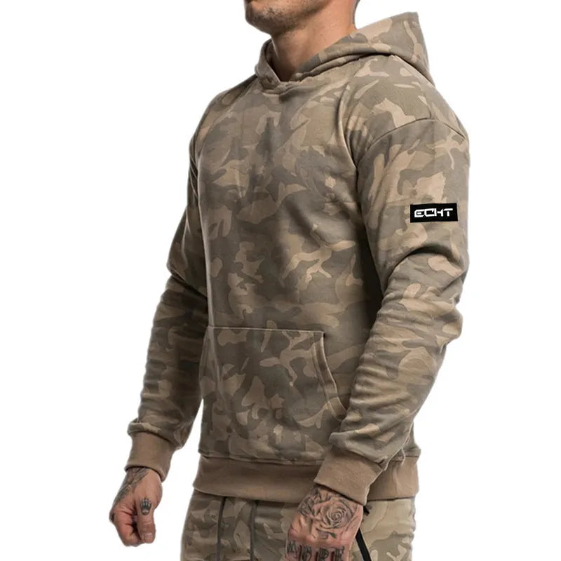 Men's camouflage cotton hoodie gym fitness pullover in dark blue with kangaroo pocket