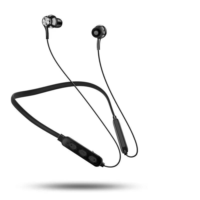 Black, red, and white binaural neckband Bluetooth sports earphones with a USB cable.