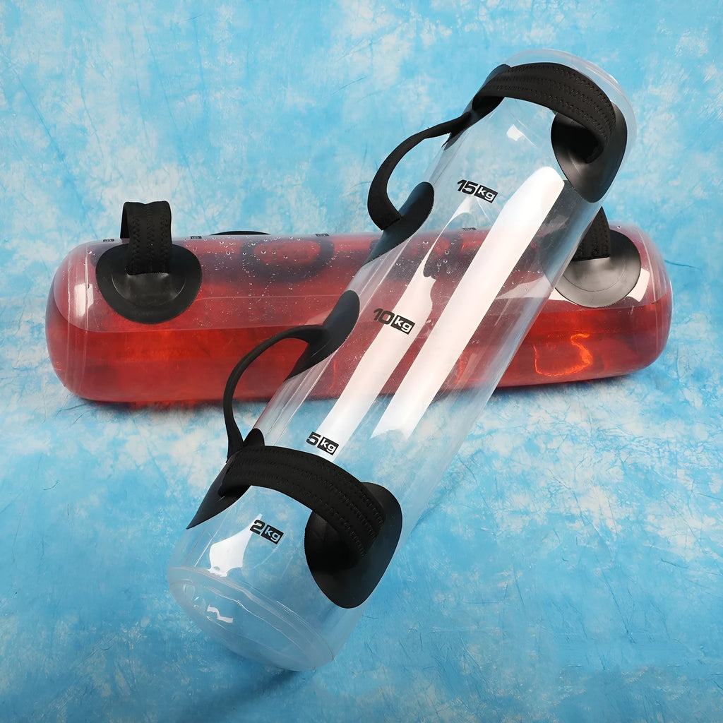 Clear PVC inflatable water bag for weight training, shown with water inside.