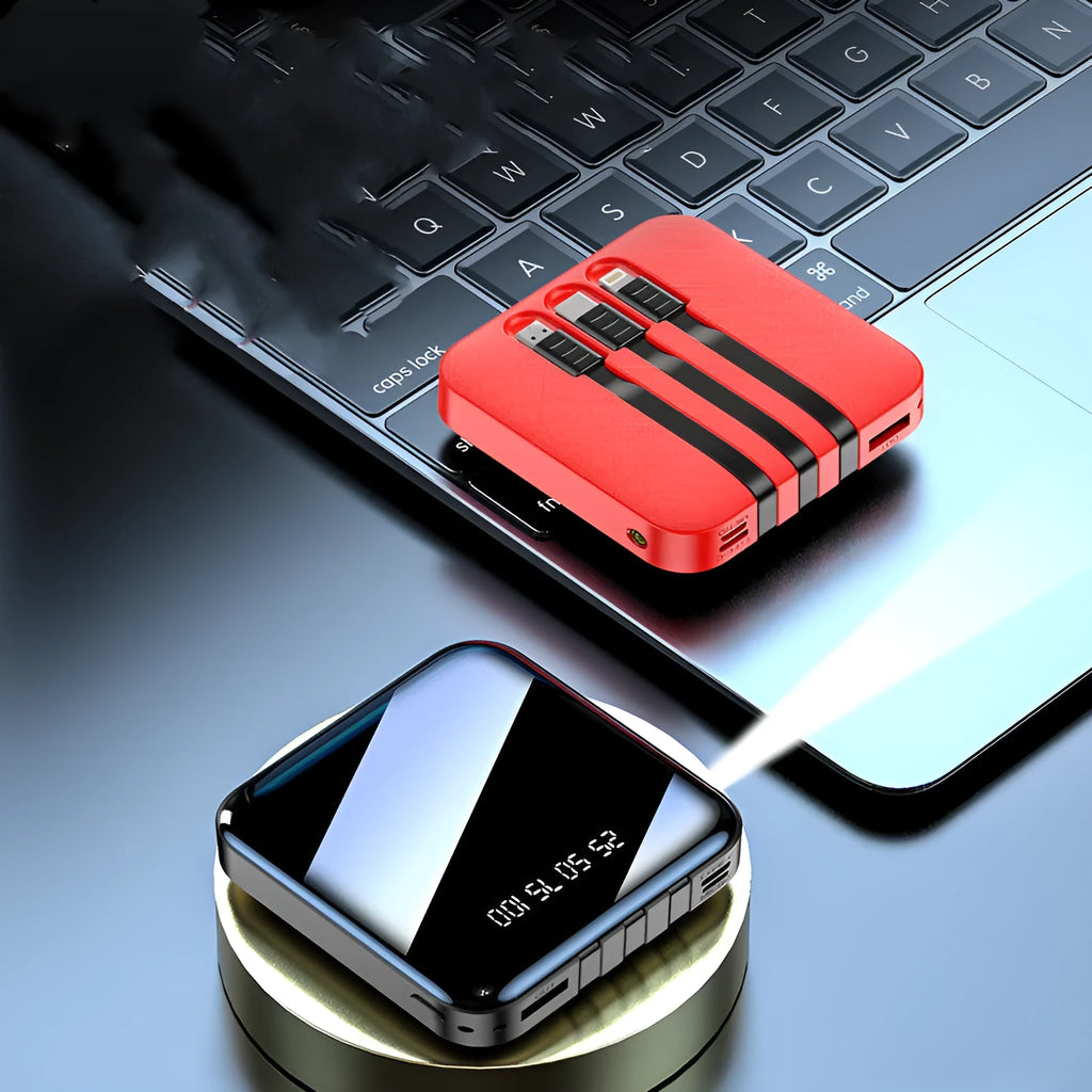 Black and red portable power bank with built-in charging cable, showing compact size.