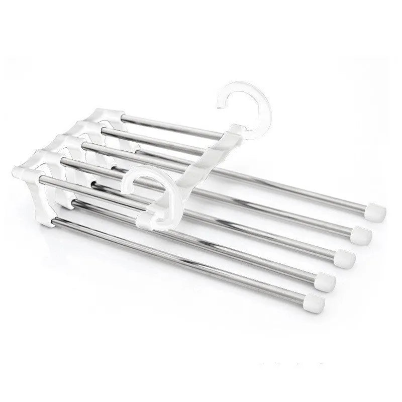 Black stainless steel five-boom trouser hanger showing level and vertical hanging options.