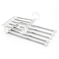 Black stainless steel five-boom trouser hanger showing level and vertical hanging options.