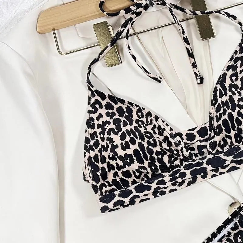 Leopard print high waist two-piece bikini set with polyester outer and lining, sizes S M L
