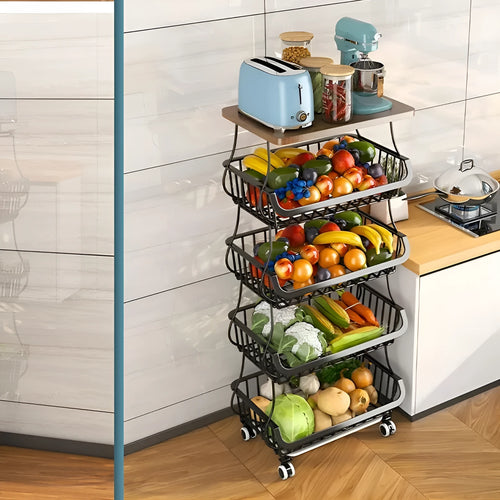 Black six layer freestanding foldable kitchen storage rack trolley with detachable shelves