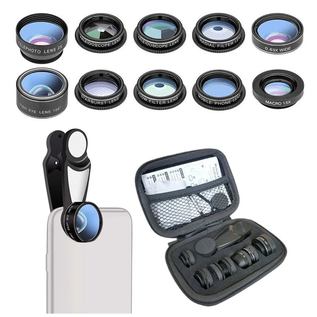 Black ten-in-one set of external clip-on camera lenses for mobile phones on a table.