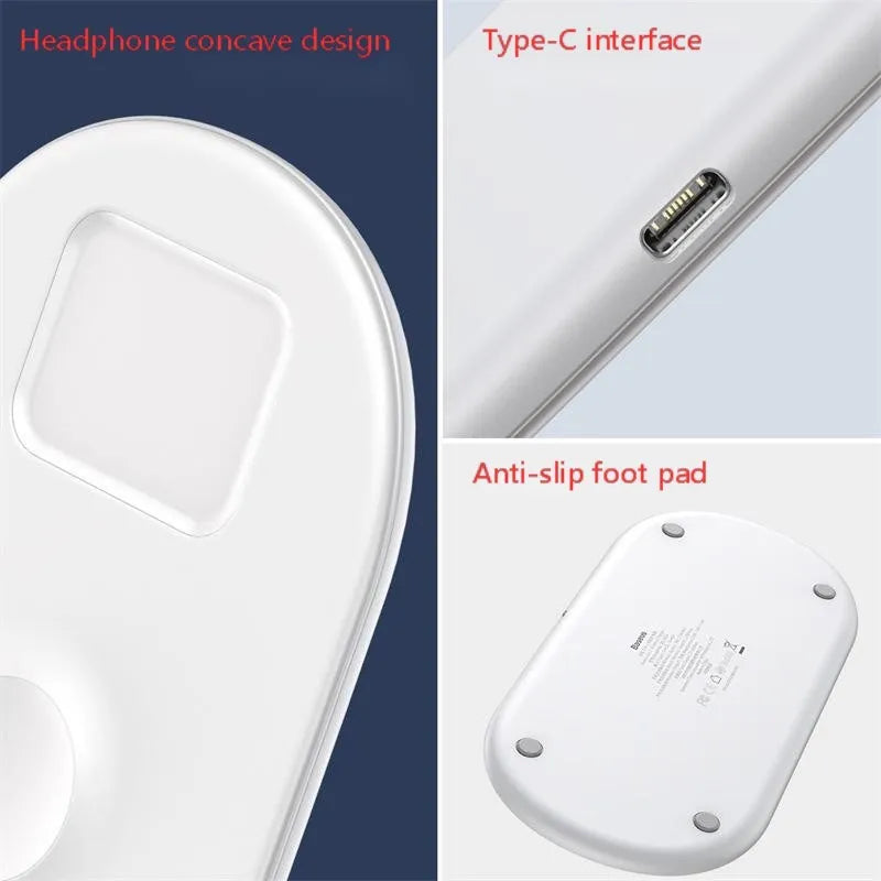 Smart three-in-one wireless charger for phone, watch, and earphones, shown in black on a desktop with a smartphone placed on the pad