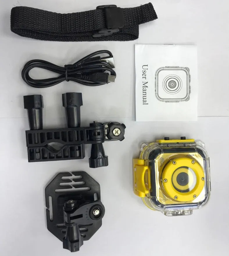 Yellow children's waterproof sports camera showing front display and controls