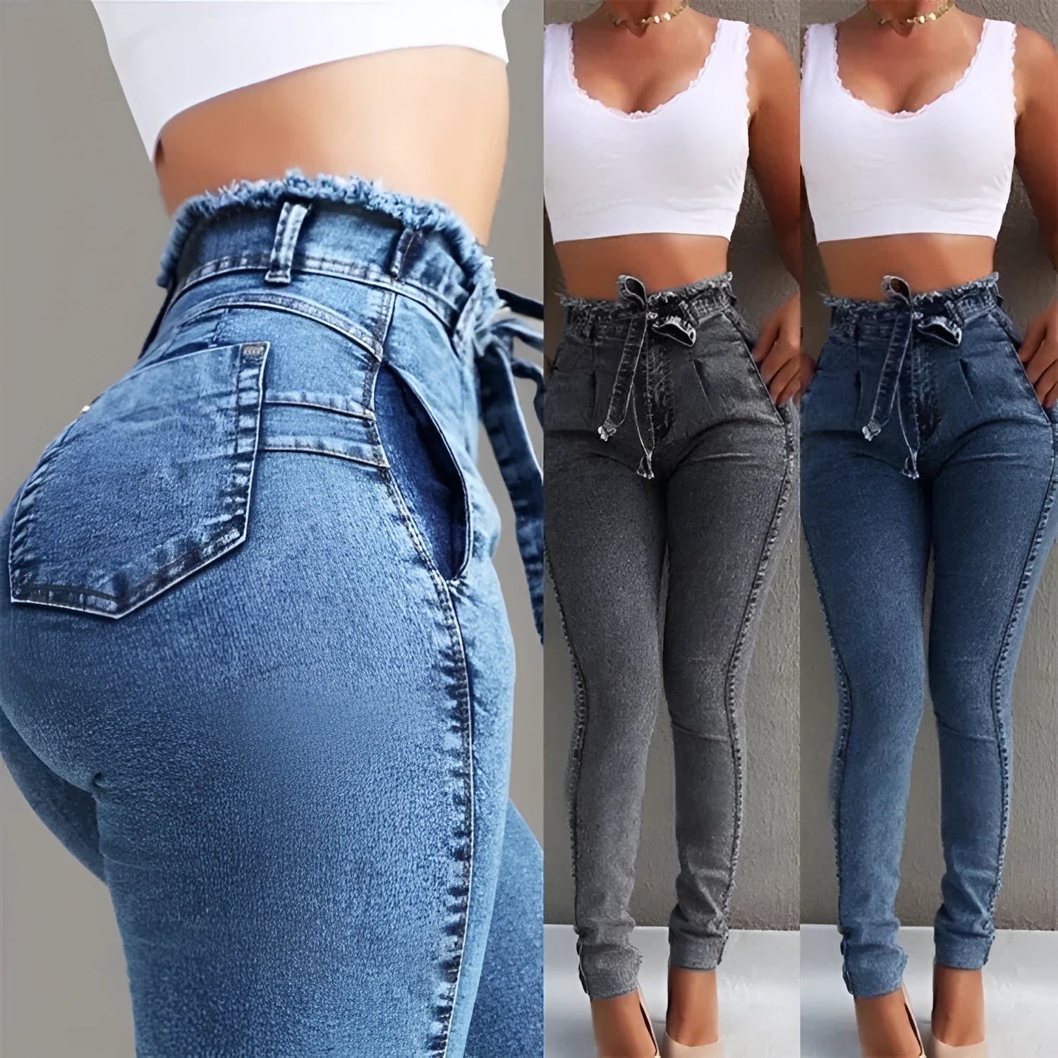 Women's fringed jeans in cowboy denim with frayed hem detail in dark blue, grey, and light blue colours