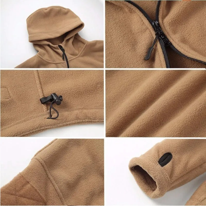 Men's military winter thermal fleece tactical jacket in khaki with multiple pockets on a model