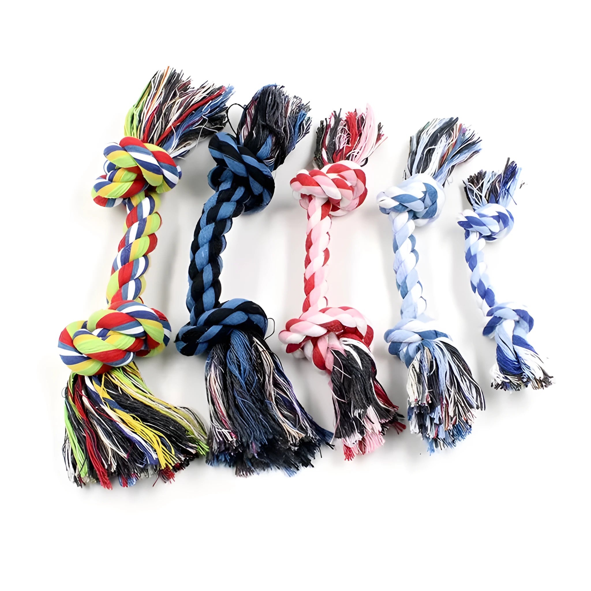 Double knot cotton rope dog toy on neutral background showing two rope knots and loose ends
