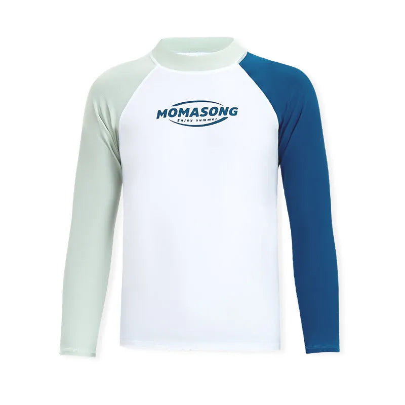 White men's long-sleeved swimsuit top and matching swimming trunks for beach sports