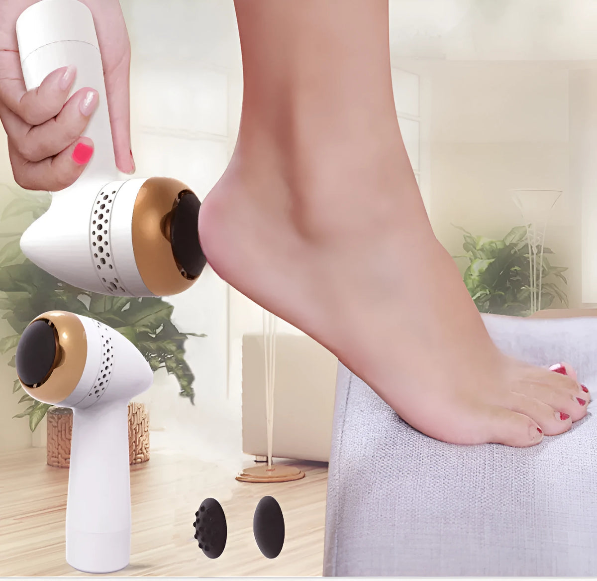 Electric vacuum foot grinder with refined quartz head in gold finish for gentle cuticle removal