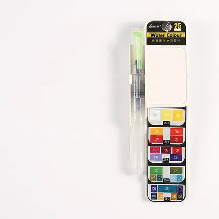 Solid watercolour paint set in a fan-shaped foldable palette inside a transparent plastic box with fountain pen and sponge.