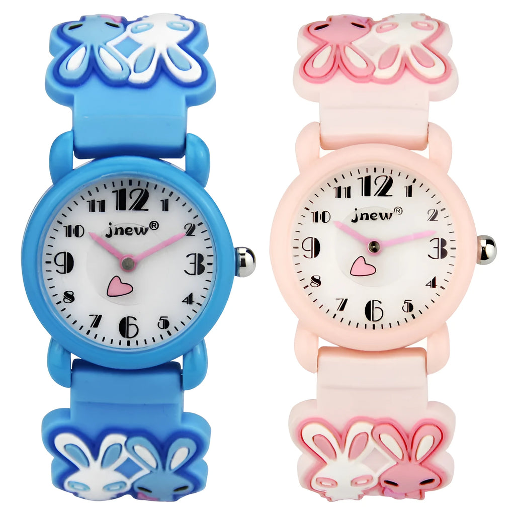 Rabbit quartz watch for kids with black PC case and plastic strap, 27x9mm case size