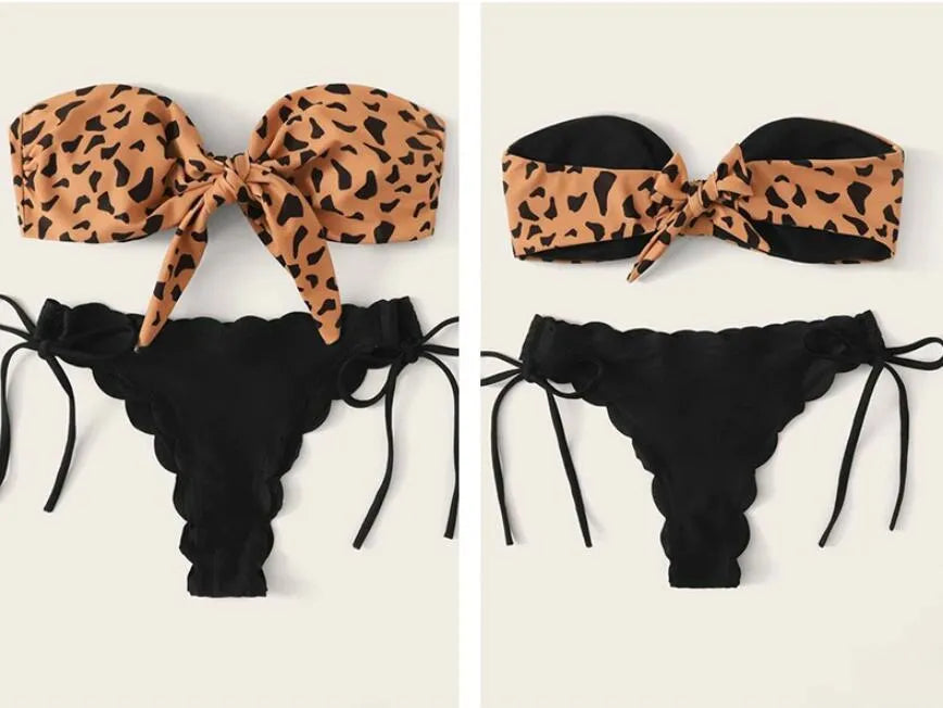 Women's leopard print split swimwear bikini set made from nylon and polyester, shown in Asian fit sizes S to XL