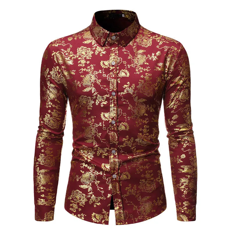 Men's casual cardigan-style shirt with metal bronzing digital print on the lapel, made from elastic polyester fabric.
