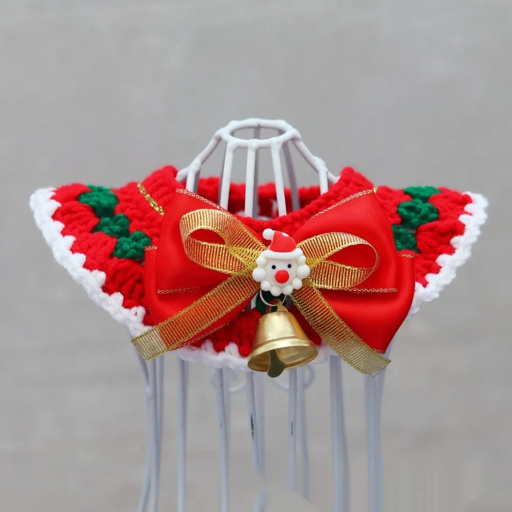 Knitted wool Christmas scarf for pets featuring festive patterns like striped Santa and elk, shown attached to a dog collar.
