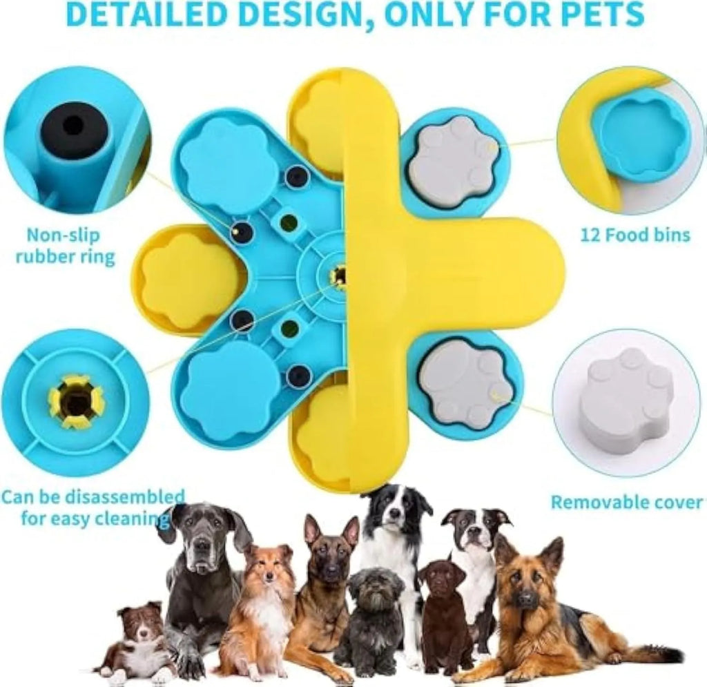 Yellow three-layer rotating dog puzzle feeder bowl with anti-slip base.