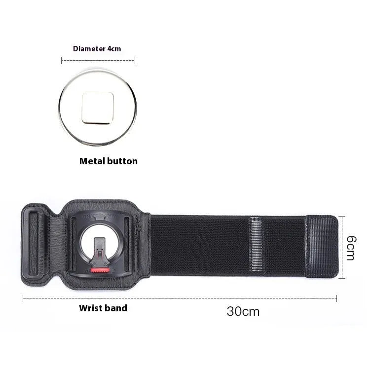 Black mobile phone holder worn on wrist showing smartphone compatibility for delivery and sports use