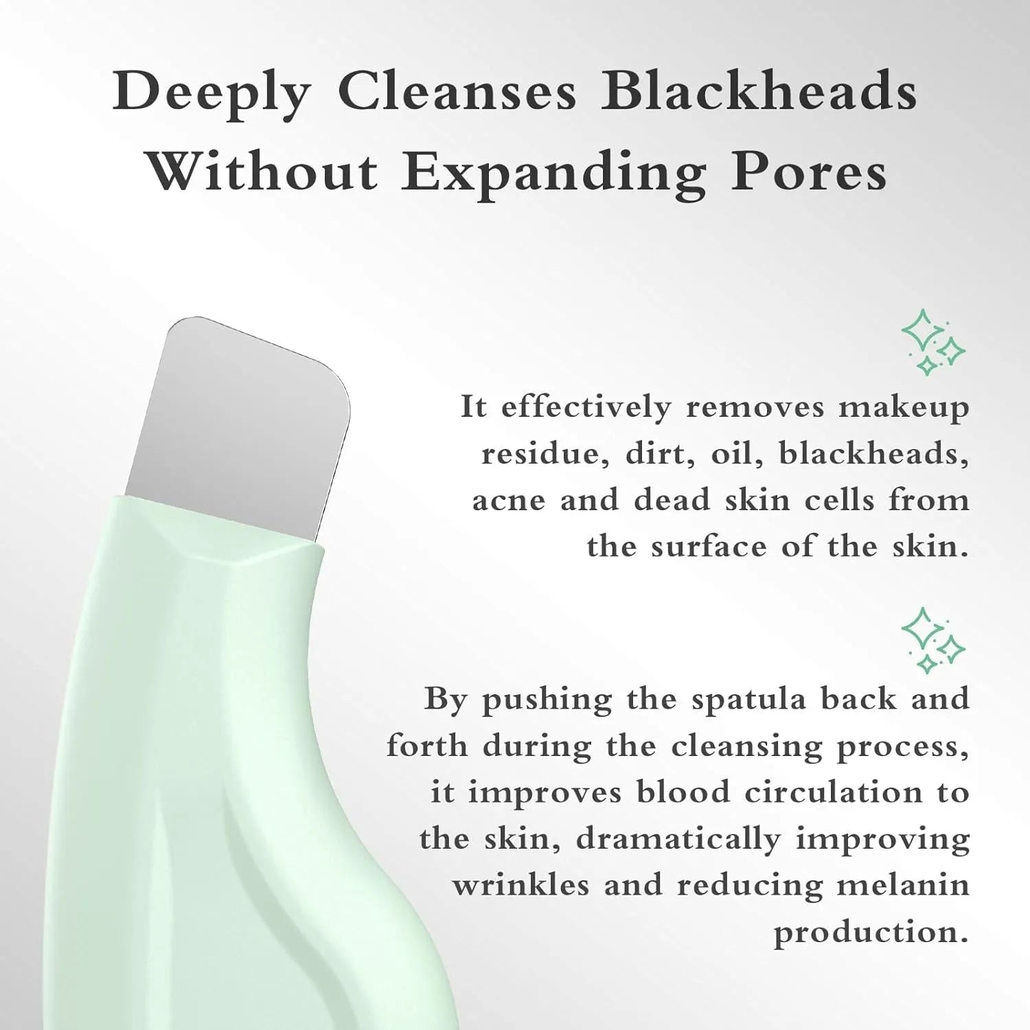 Green stainless steel pore scraper tool with a non-slip handle for removing blackheads on nose and face.