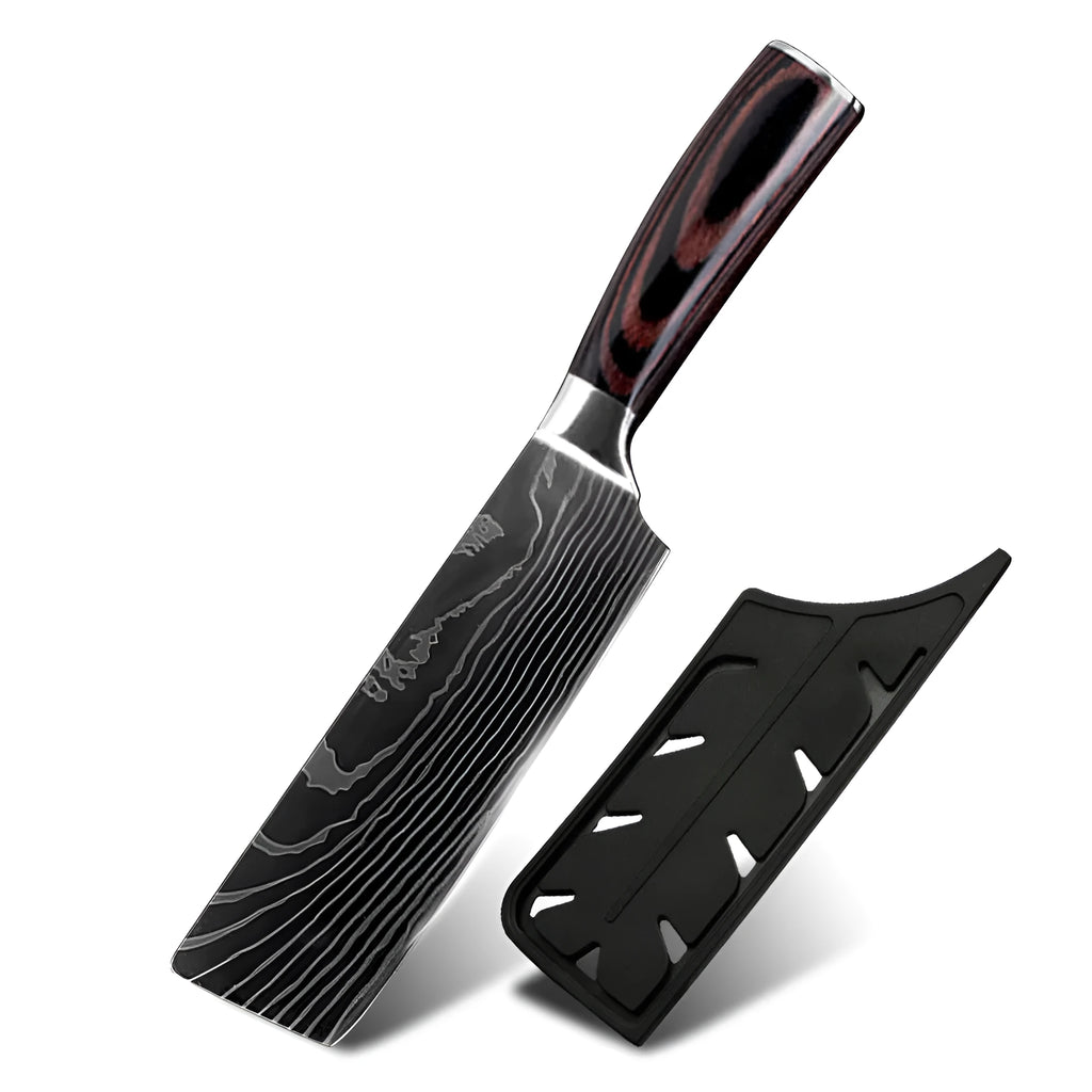Seven-inch stainless steel multi-purpose chef knife on cutting board