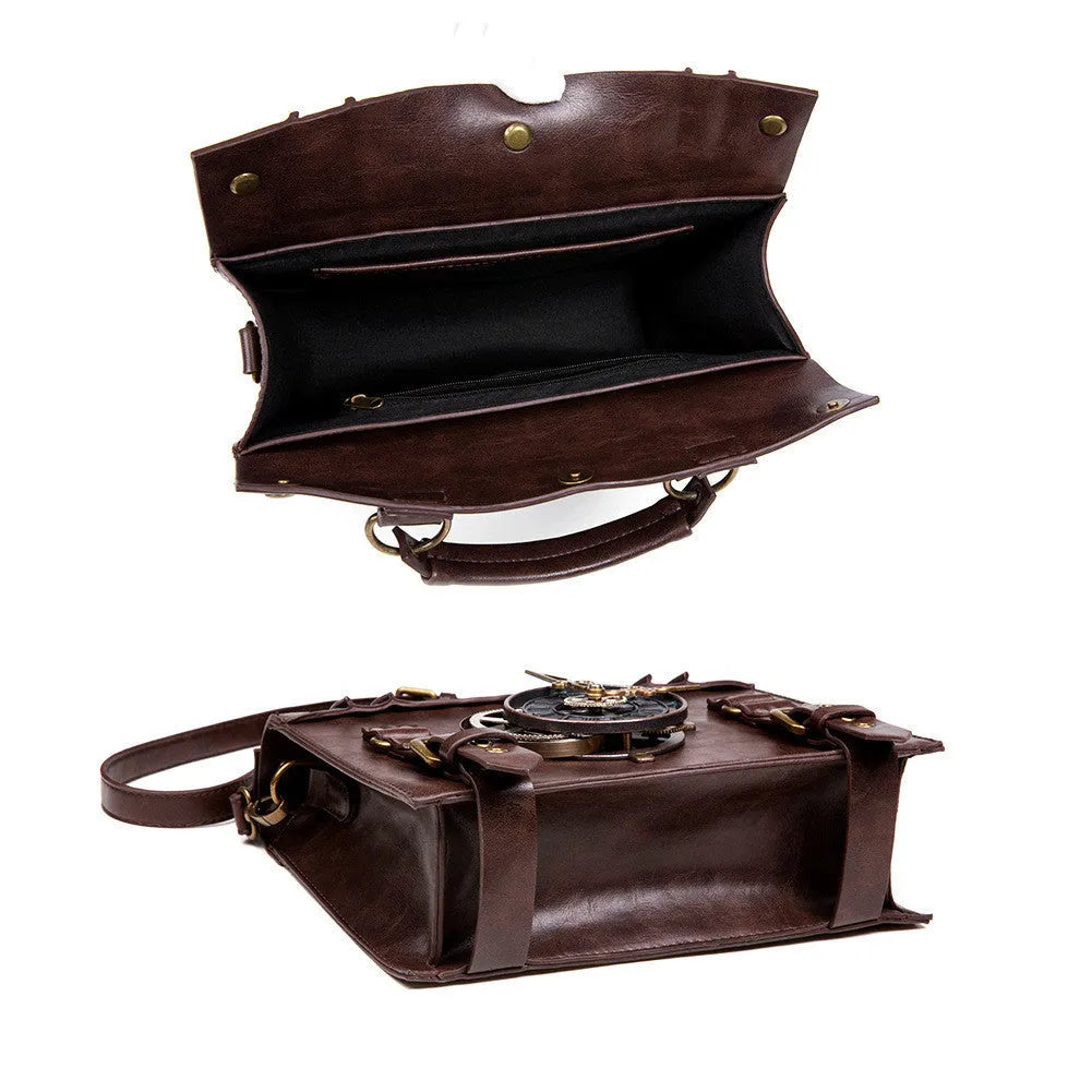 Bronze steampunk industrial retro style shoulder bag with horizontal pillow design and metal decorative elements