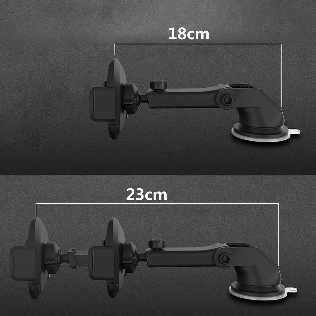 Car phone holder with black suction cup and telescopic arm on car dashboard
