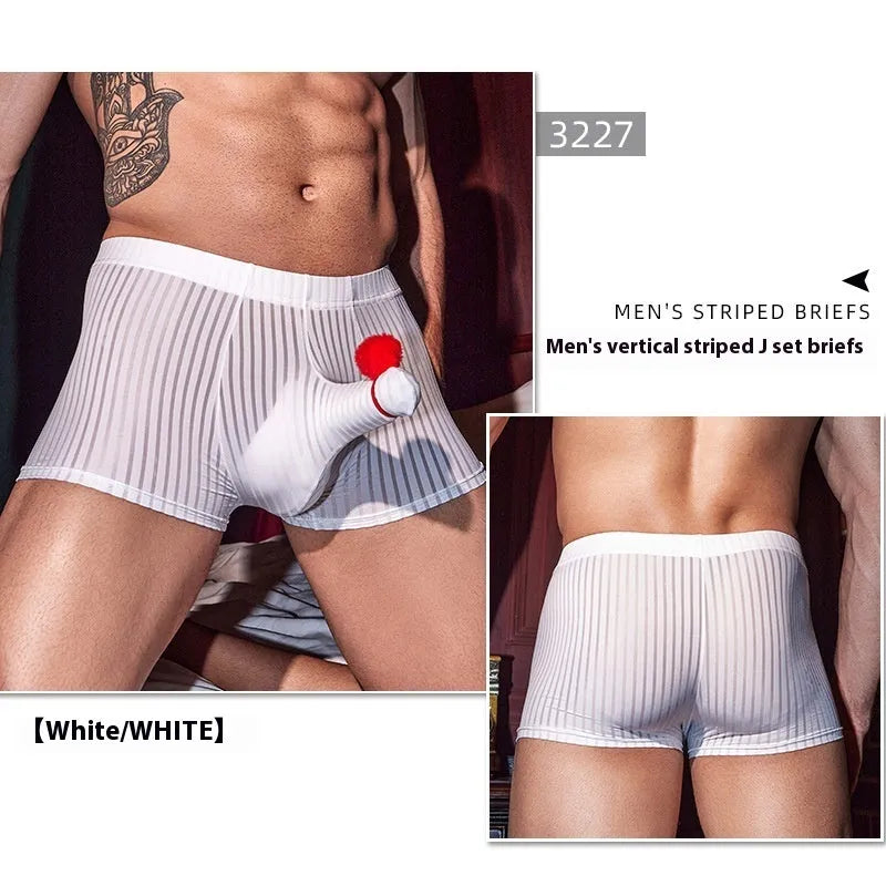 Men's black striped nylon boxer briefs laid flat, showing elastic waistband and leg openings.