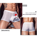 Men's black striped nylon boxer briefs laid flat, showing elastic waistband and leg openings.