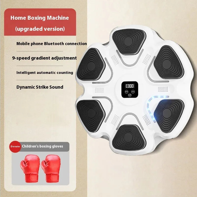 Smart electronic music boxing reaction training target wall unit with gloves, shown in white finish.