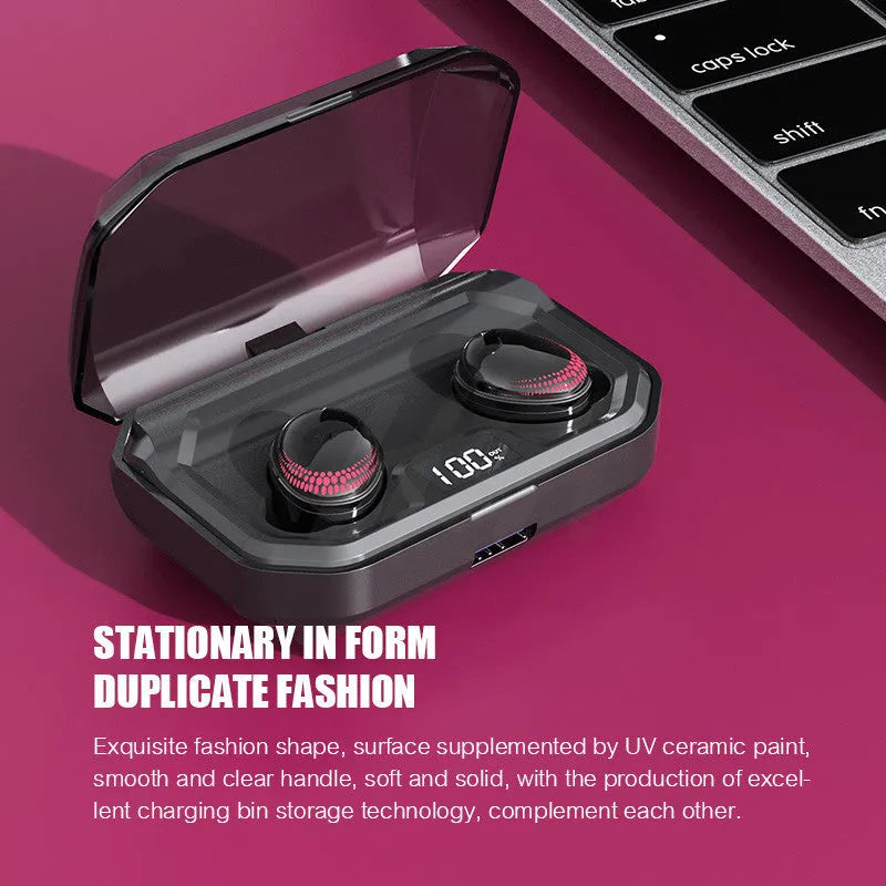 Black X10 Bluetooth wireless headset and charging case on a white background.