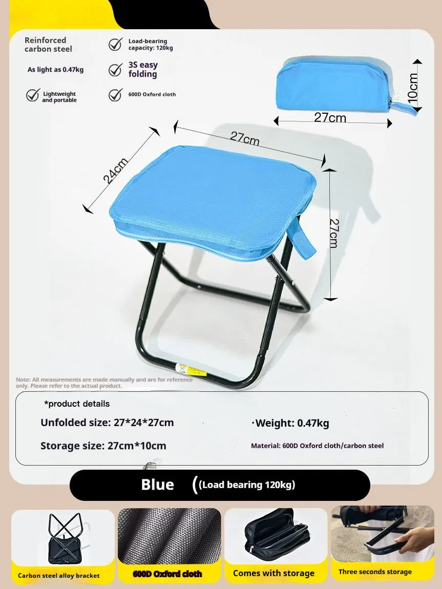 A folded lightweight camp stool with an Oxford cloth seat in a choice of colours.