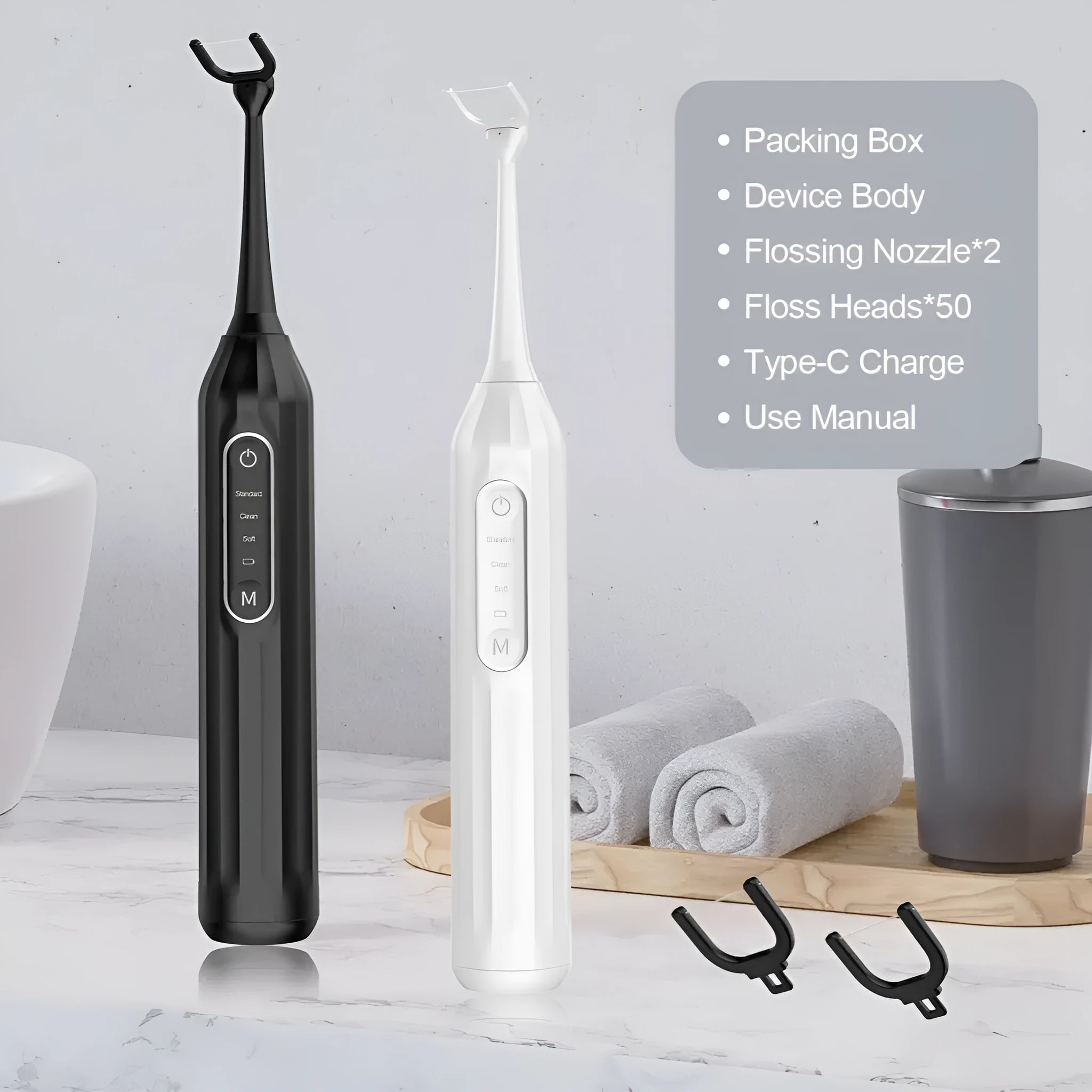 Electric water flosser in white with Type-C charging, three mode buttons, and water tank visible