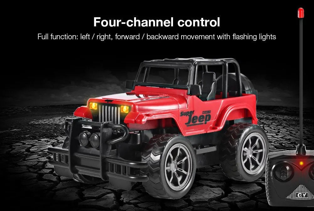 Wrangler Knight remote control car in red on grass, with controller, 4-channel off-road drift car for children over 3