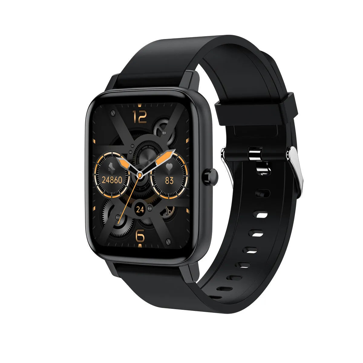 H80 smart watch with coloured silicone strap showing health metrics on 1.69-inch touchscreen.