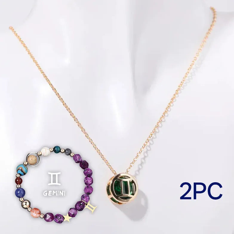 Natural stone beaded necklace and matching bracelet set laid flat, showing genuine gemstone beads.