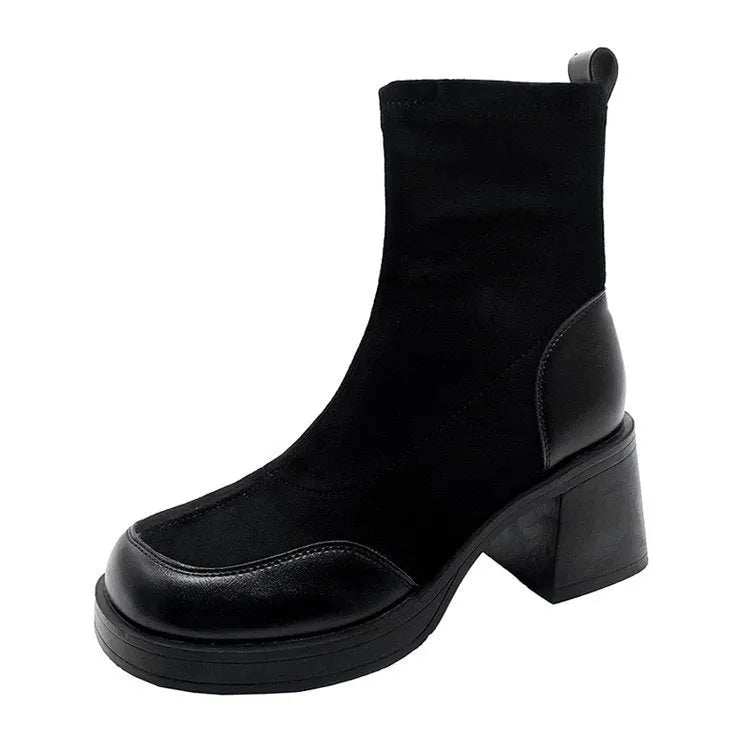 Thick bottom chunky heel Martin boots for women in black with lace-up fastening and rubber sole