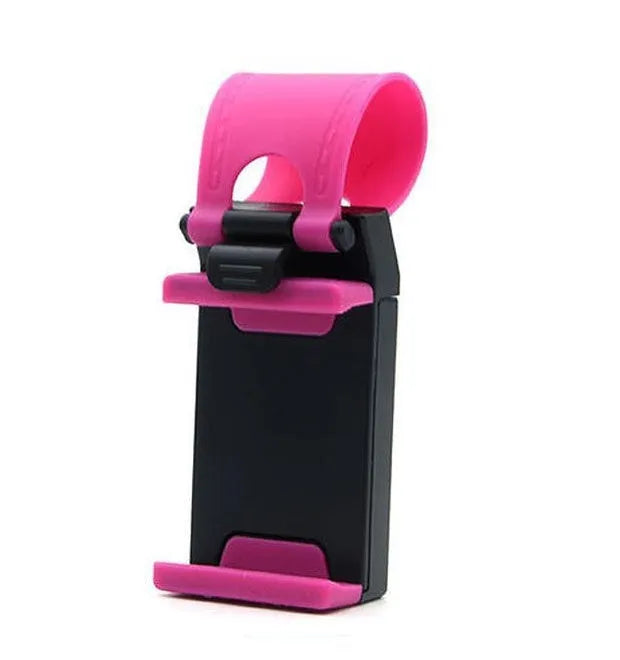 Black universal steering wheel phone clip holder mounted with a smartphone displaying a map.